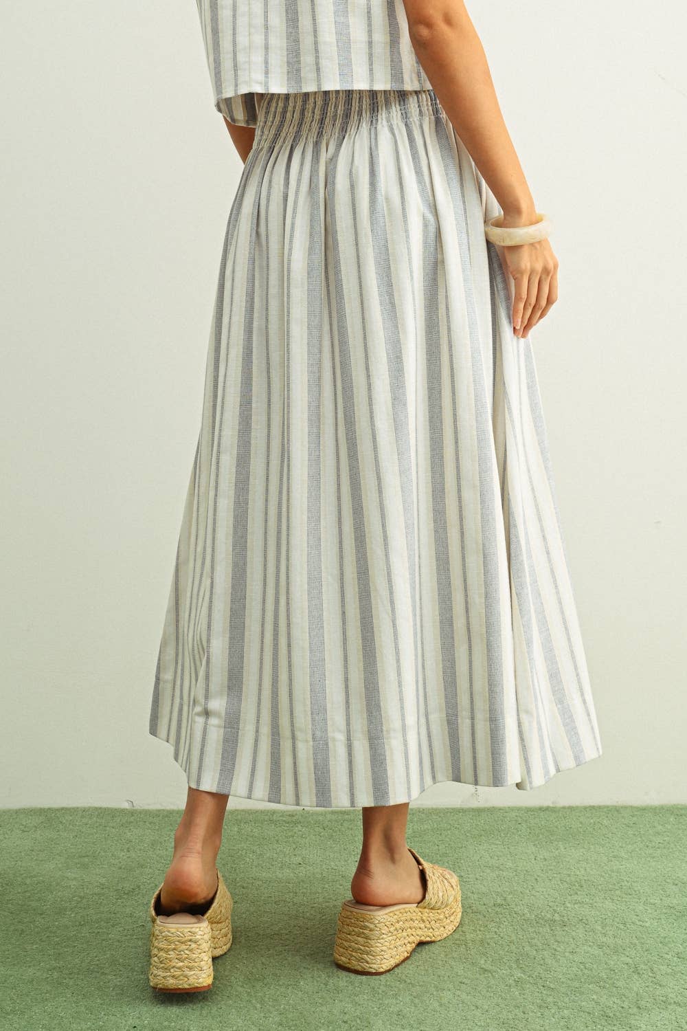 S6381ST   STRIPE PATTERN SMOCK WAIST LONG SKIRT: BLUE/OATMEAL / L