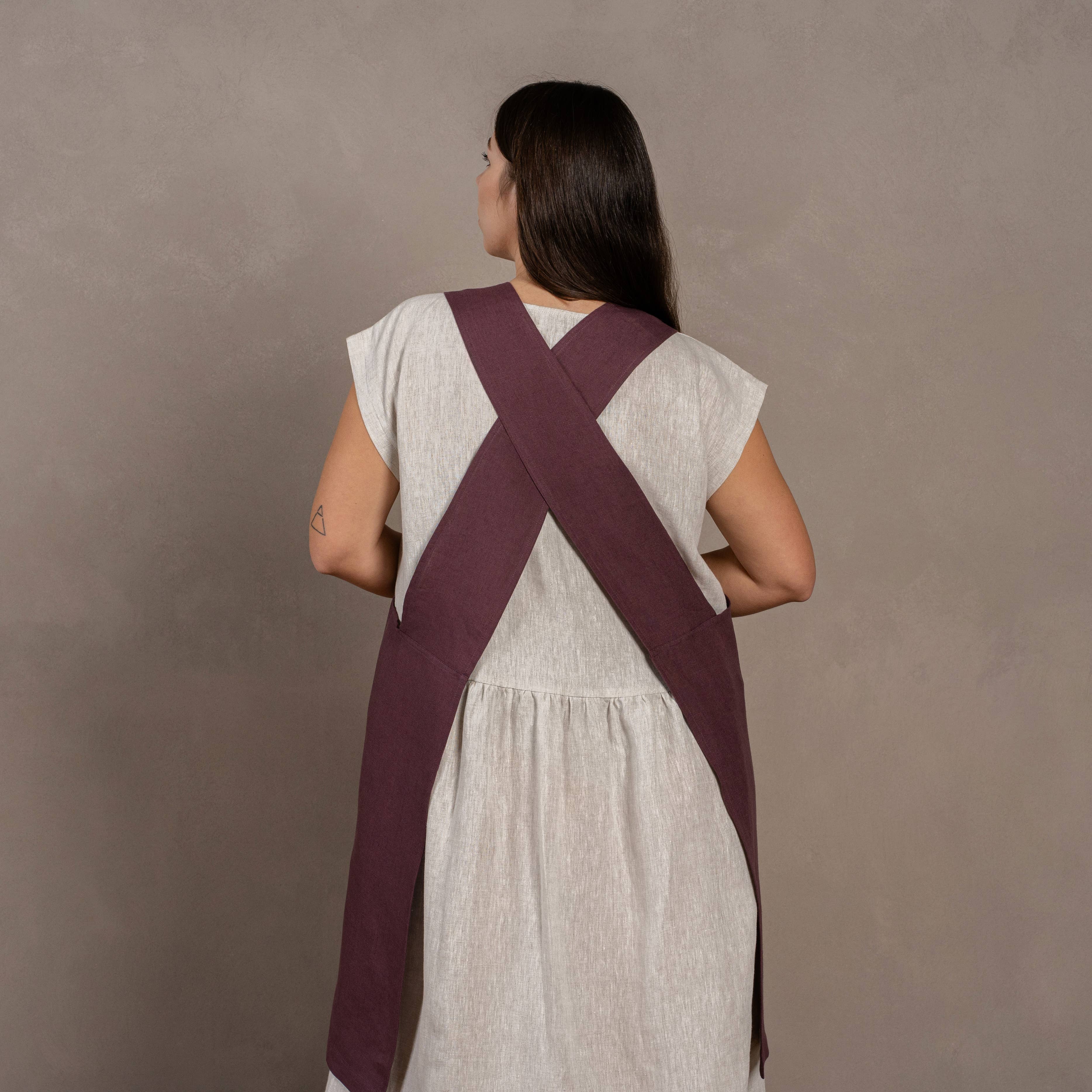 Linen Cross-Back Apron: Shadow Purple / S/M