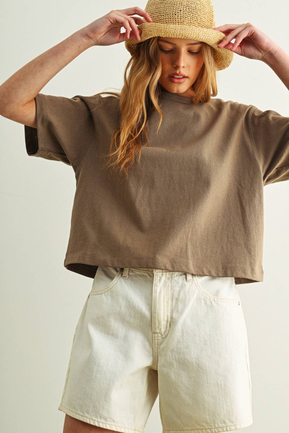 ET6399   SHORT SLEEVE LINEN KNITTED TOP: OATMEAL / L