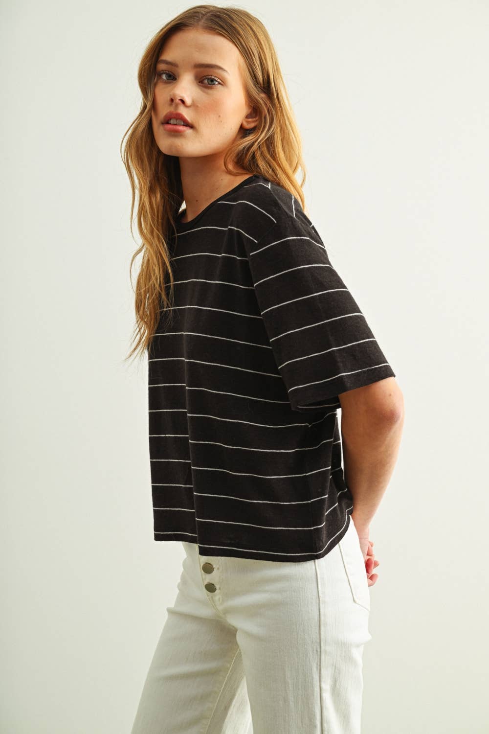 ET6395   STRIPE COTTON LINEN TOP: BEIGE/BLACK / S