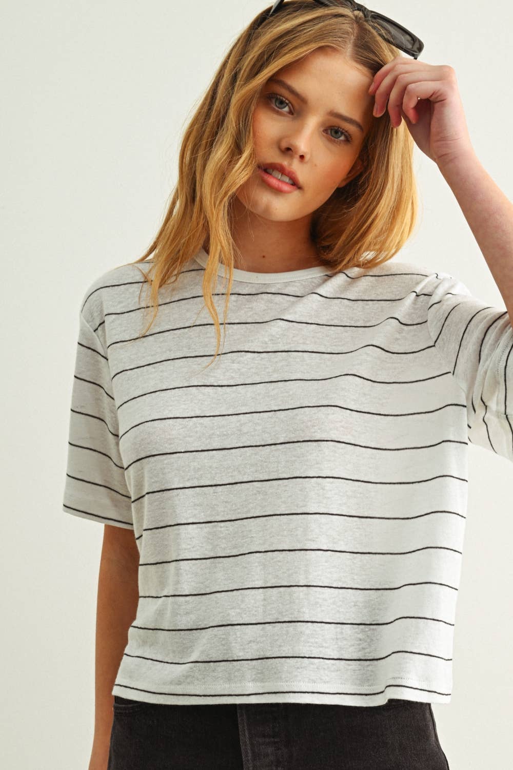 ET6395   STRIPE COTTON LINEN TOP: BEIGE/BLACK / S