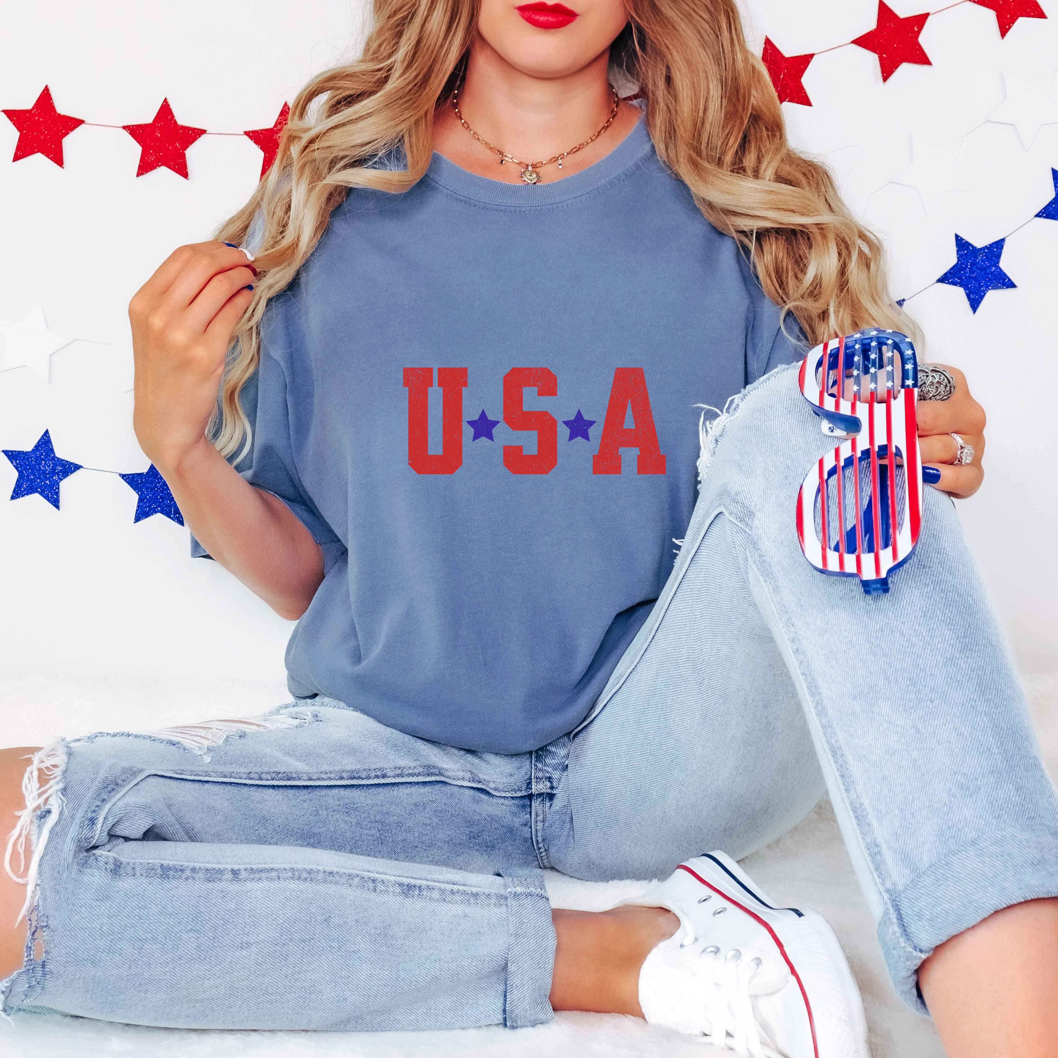 USA Stars | Garment Dyed Tee | Patriotic: Small / Multi Color Ink / Blue Jean