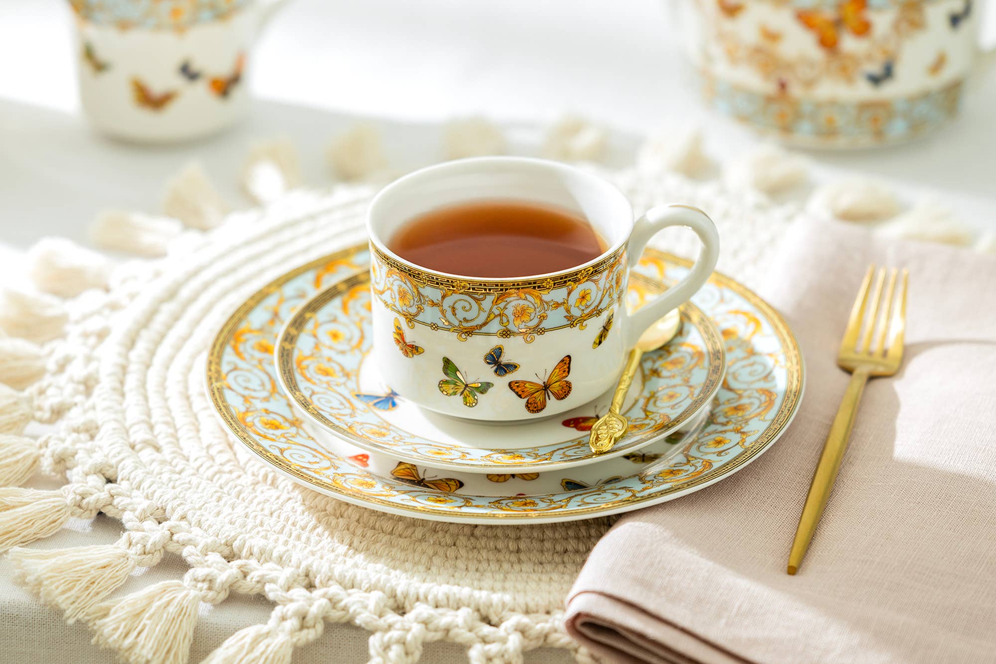 Butterflies with Blue Ornament Fine Porcelain Cup and Saucer