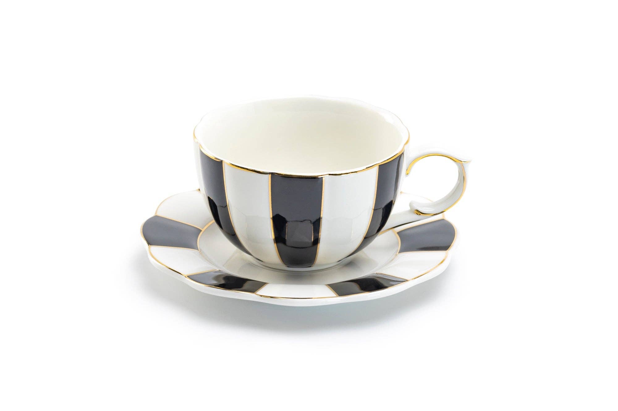 Black and White 7oz Scallop Fine Porcelain Tea Cup & Saucer