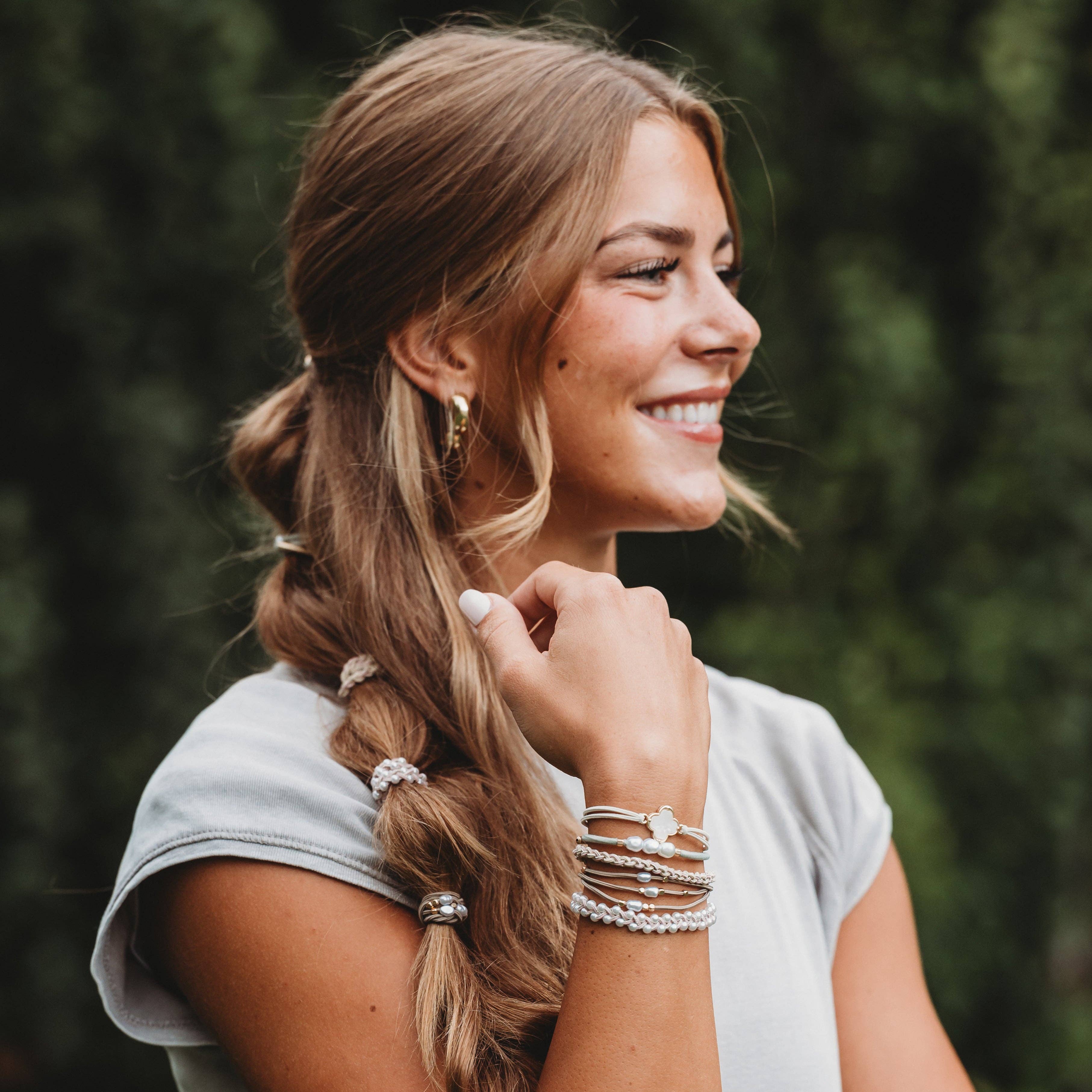 "Glimmer" Soft Pinks with Pearl and Gold Accent Hair Tie Bracelets: Medium