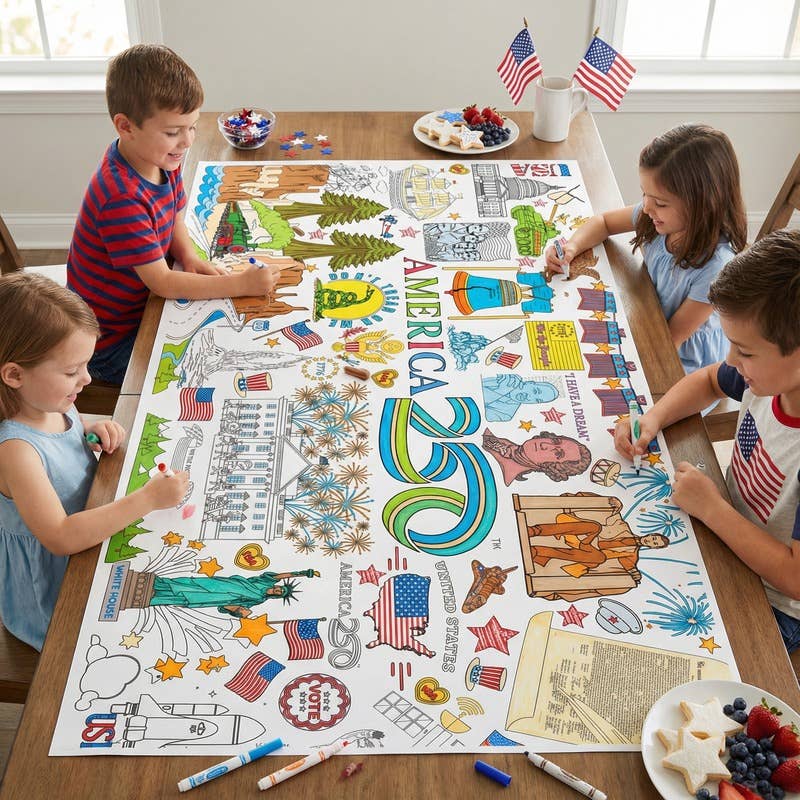 USA Patriotic America 250 Coloring Tablecloth With Crayons 3ft x 6ft