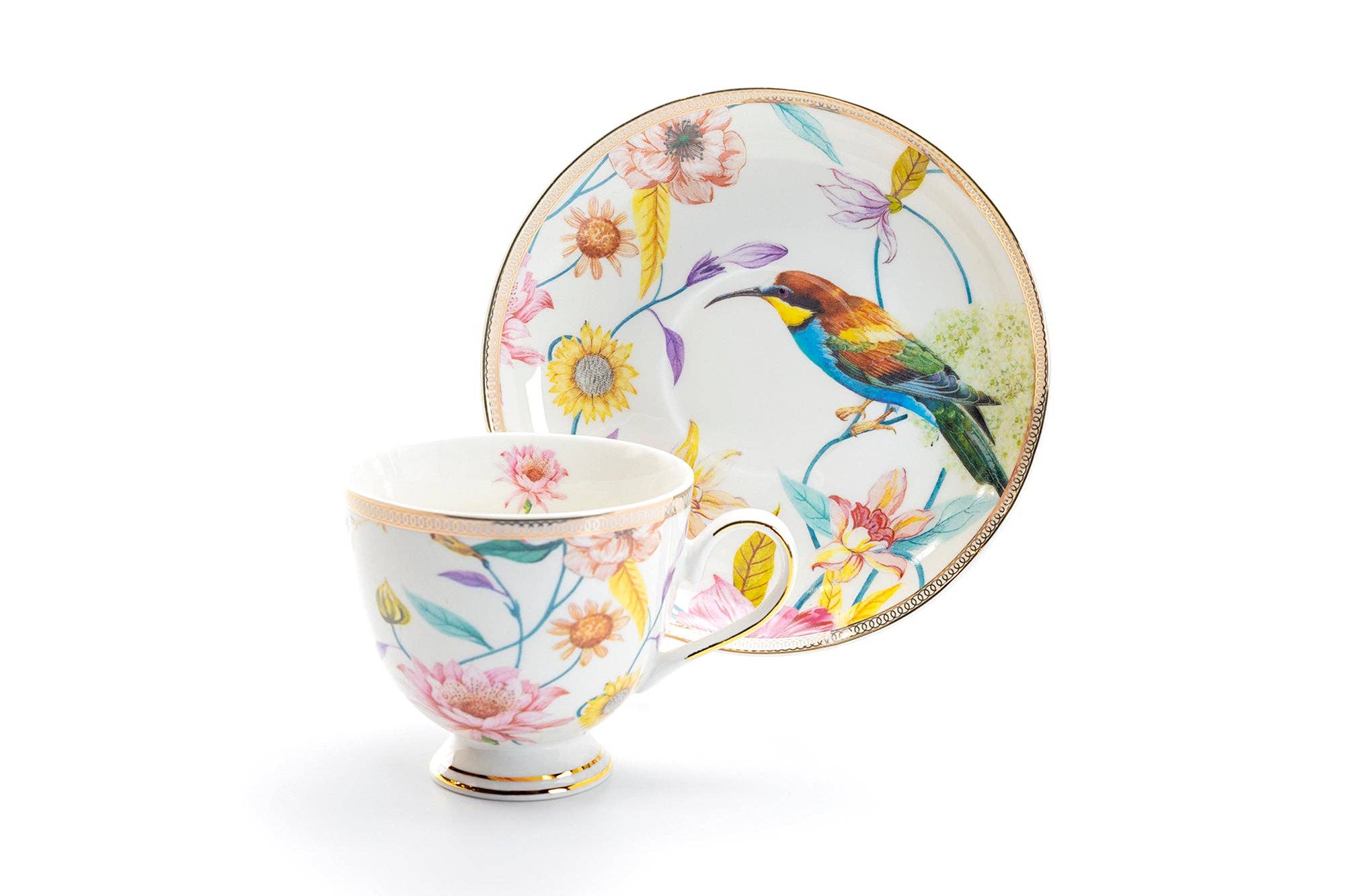 Spring Flowers Hummingbird Porcelain Cup & Saucer Set of 4