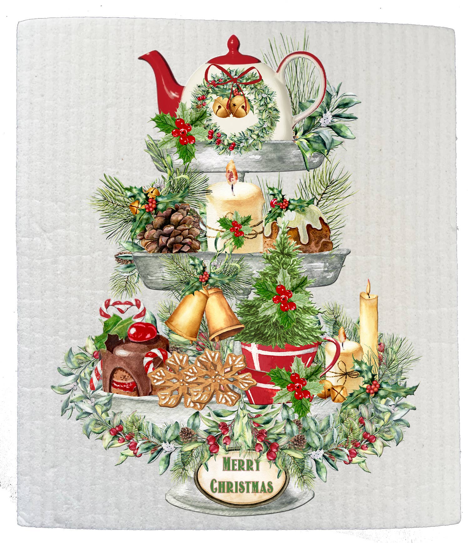 Merry Christmas Farmhouse 3 Tier Tray Swedish Dishcloth