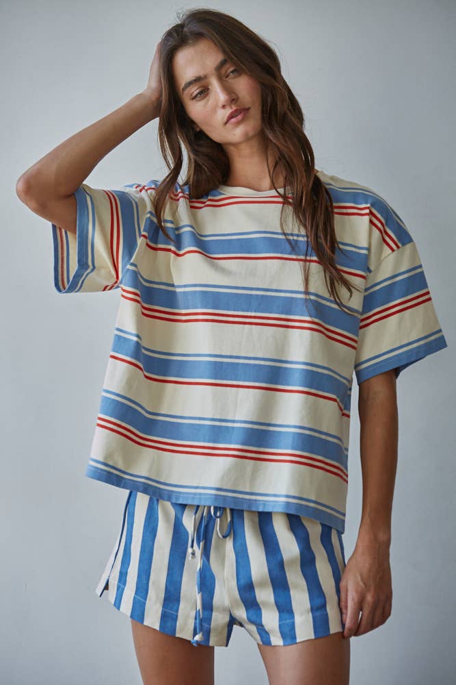 L9696 | Knit Cotton Multi Striped Short Sleeve Top: Cream Blue / L