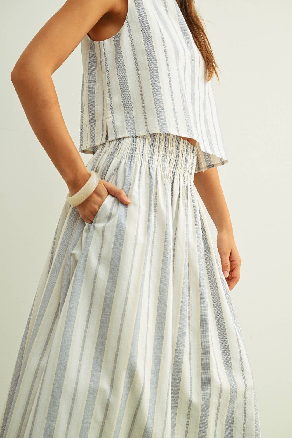 S6381ST   STRIPE PATTERN SMOCK WAIST LONG SKIRT: BLUE/OATMEAL / M