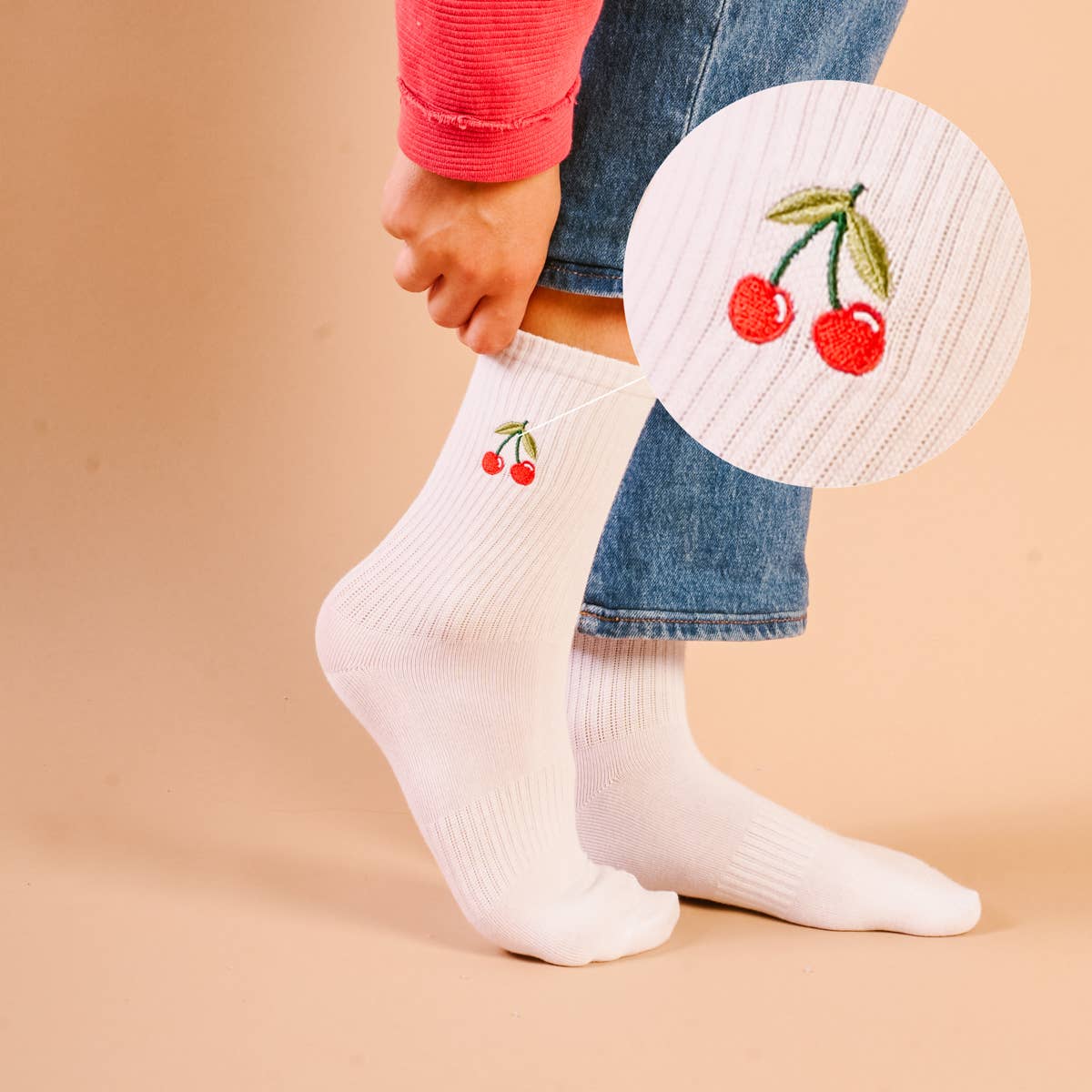 Embroidered Crew Socks–Cherries