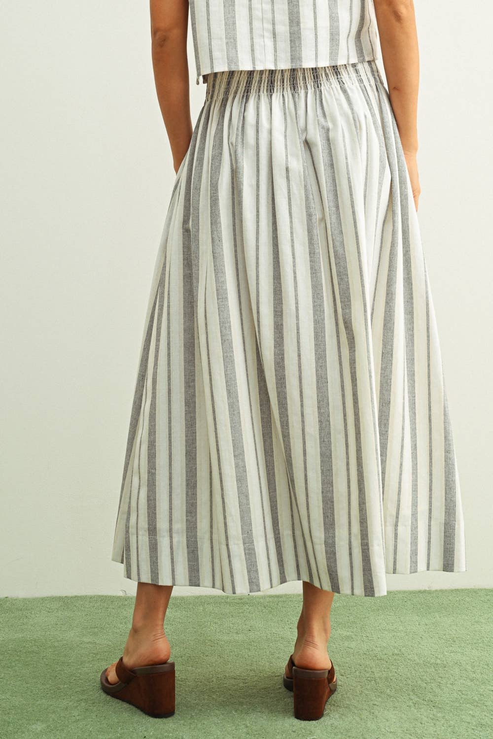 S6381ST   STRIPE PATTERN SMOCK WAIST LONG SKIRT: BLUE/OATMEAL / S