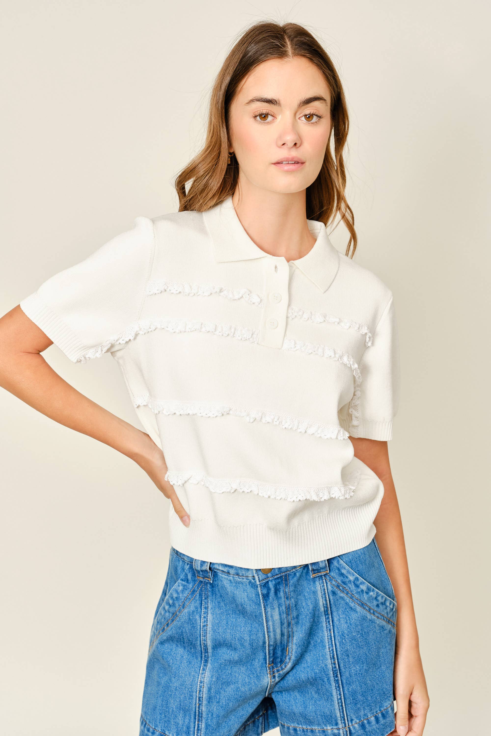 AJT5687 POLO LACE DETAIL SWEATER TOP: OFF WHITE / S