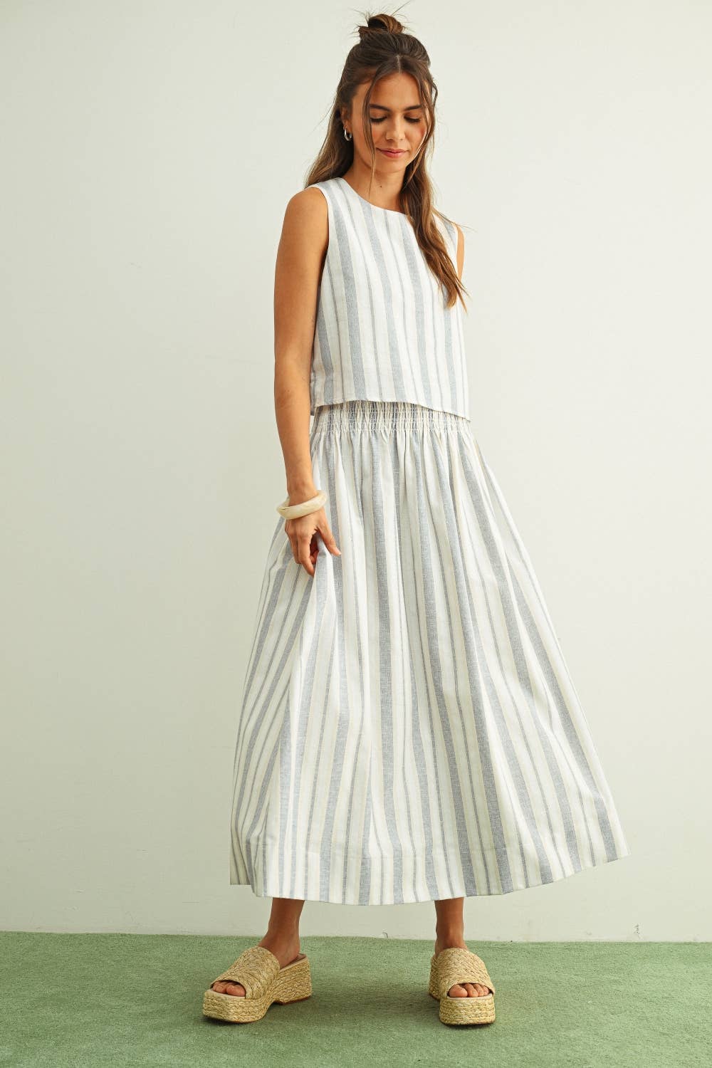 S6381ST   STRIPE PATTERN SMOCK WAIST LONG SKIRT: BLUE/OATMEAL / L