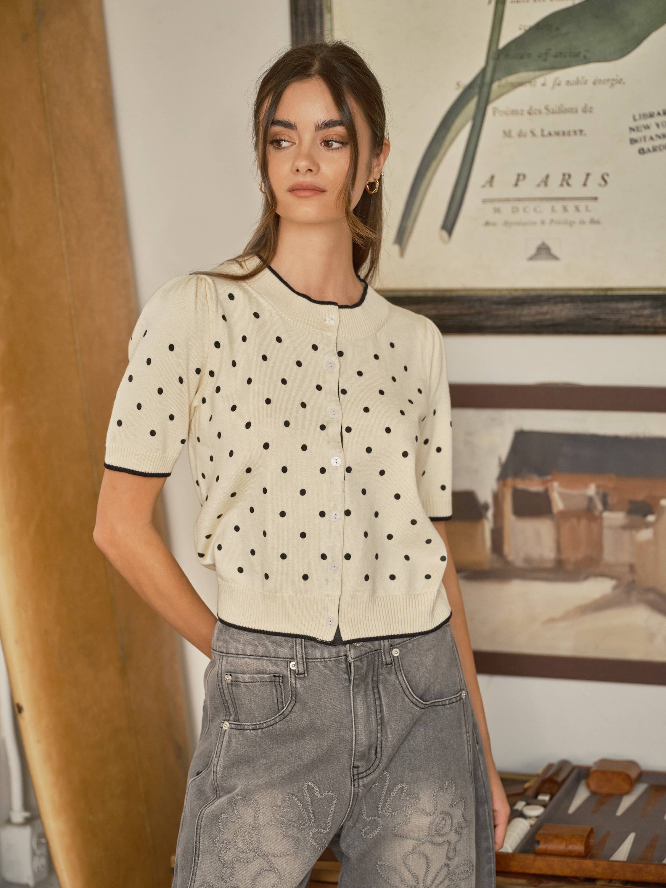 AJT5662 SOFT WOOL MIX SHORT SLEEVE POLKA DOT CARDIGAN: RED DOT / S