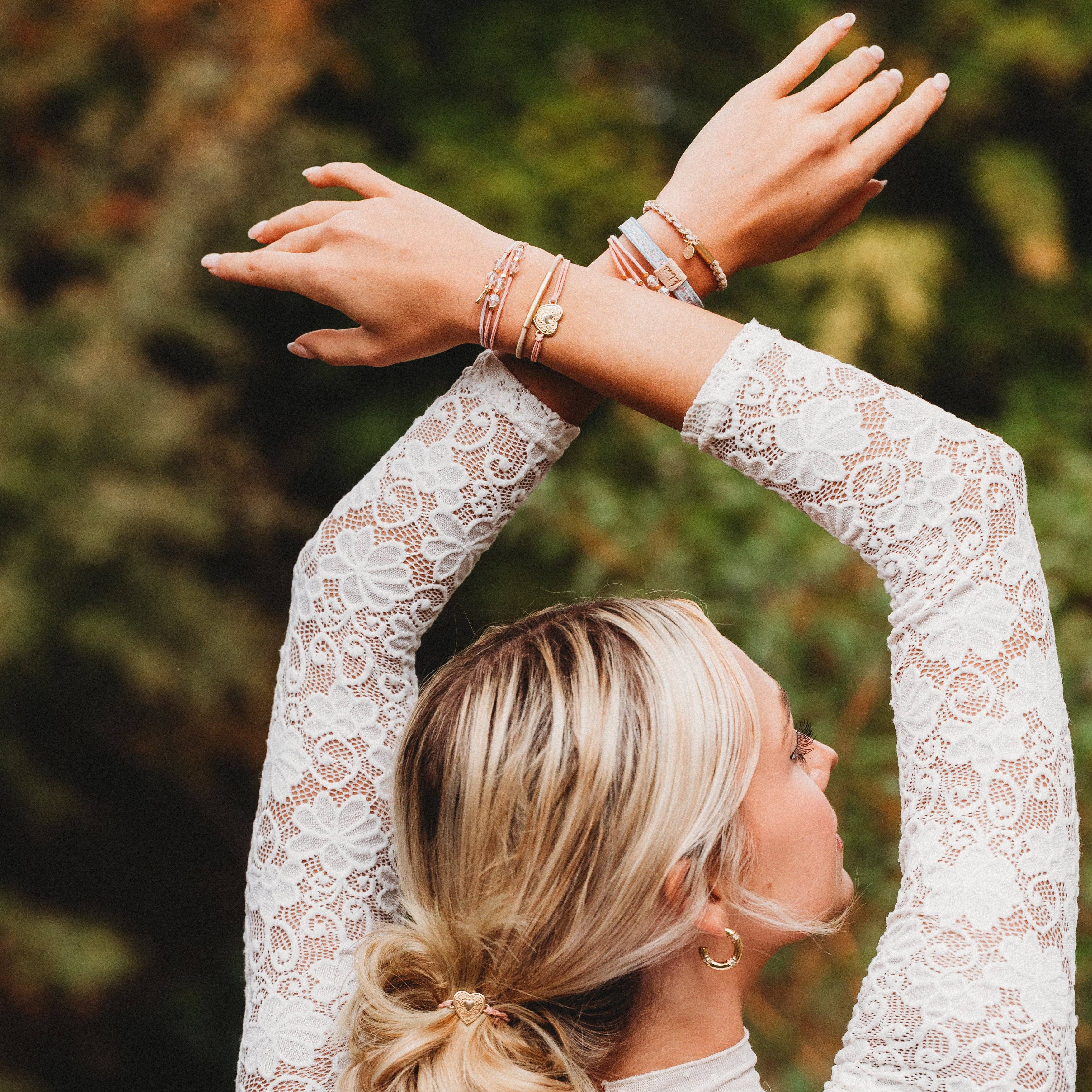 "Relevé" Pink Floral with Ballet Slipper Hair Tie Bracelets: Medium