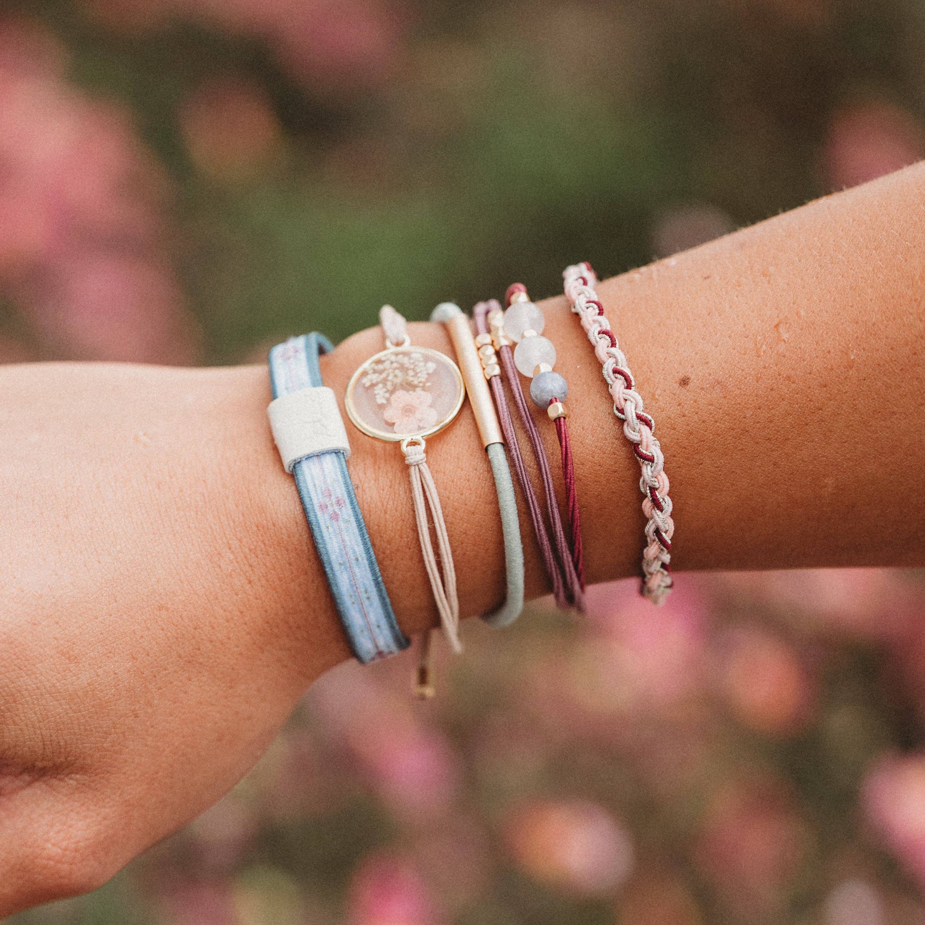 "Bloom" Maroon and Pink with Pressed Flowers Hair Tie Bracelets: Small