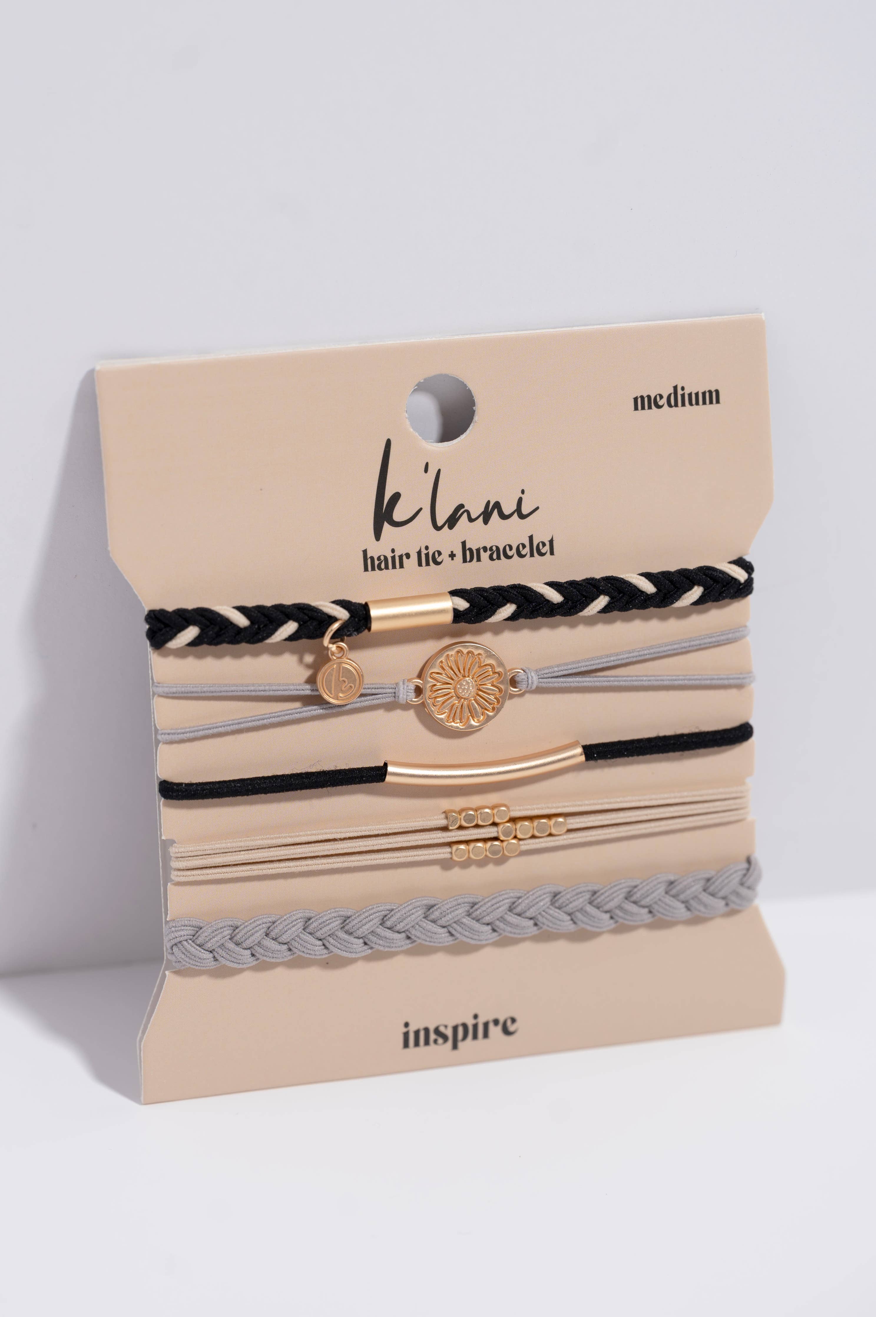"Inspire" Grey and Black with Gold Flower Accent Hair Tie Bracelets: Large