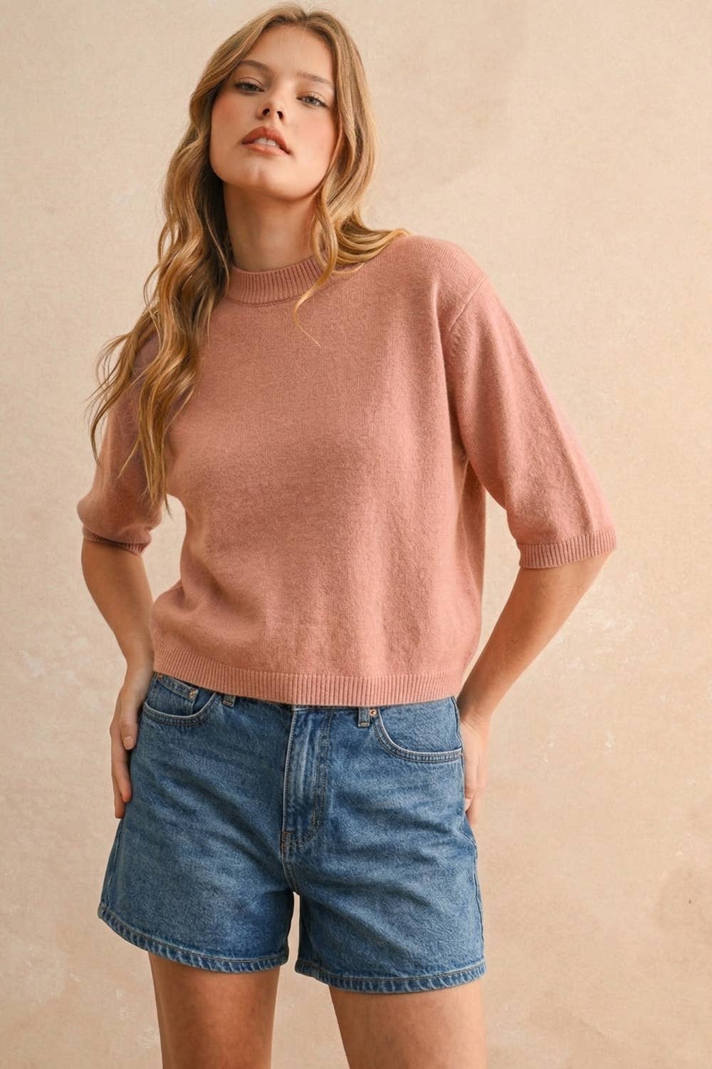 T3675   SHORT SLEEVE SWEATER TOP: CASHMERE BLUE / S