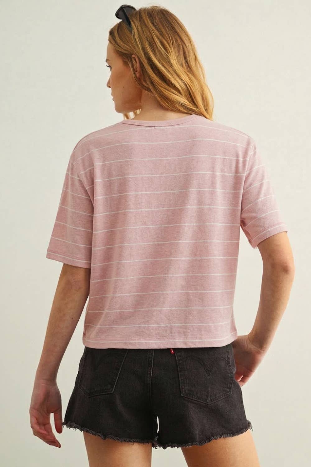 ET6395   STRIPE COTTON LINEN TOP: WHITE/BLACK / M