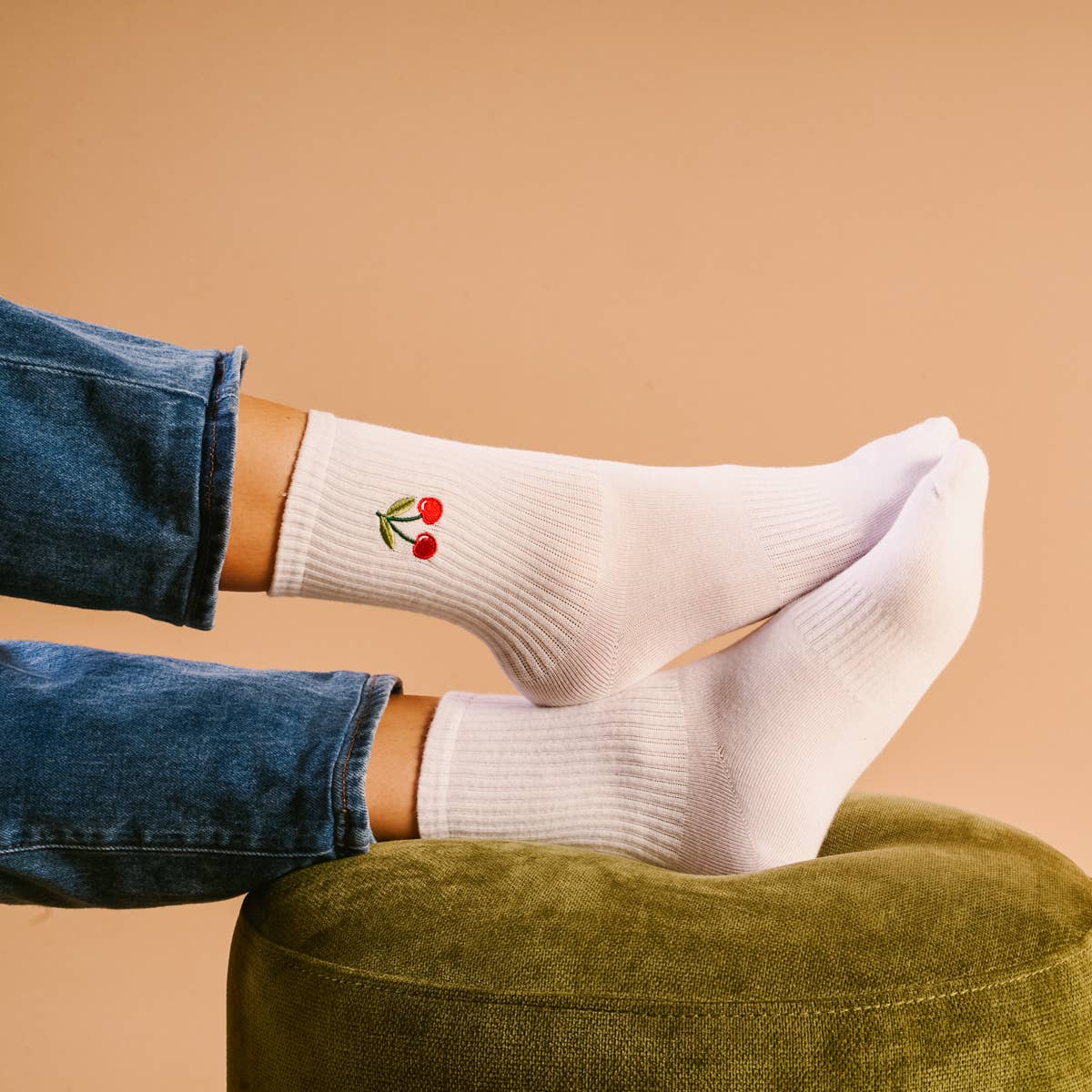 Embroidered Crew Socks–Cherries