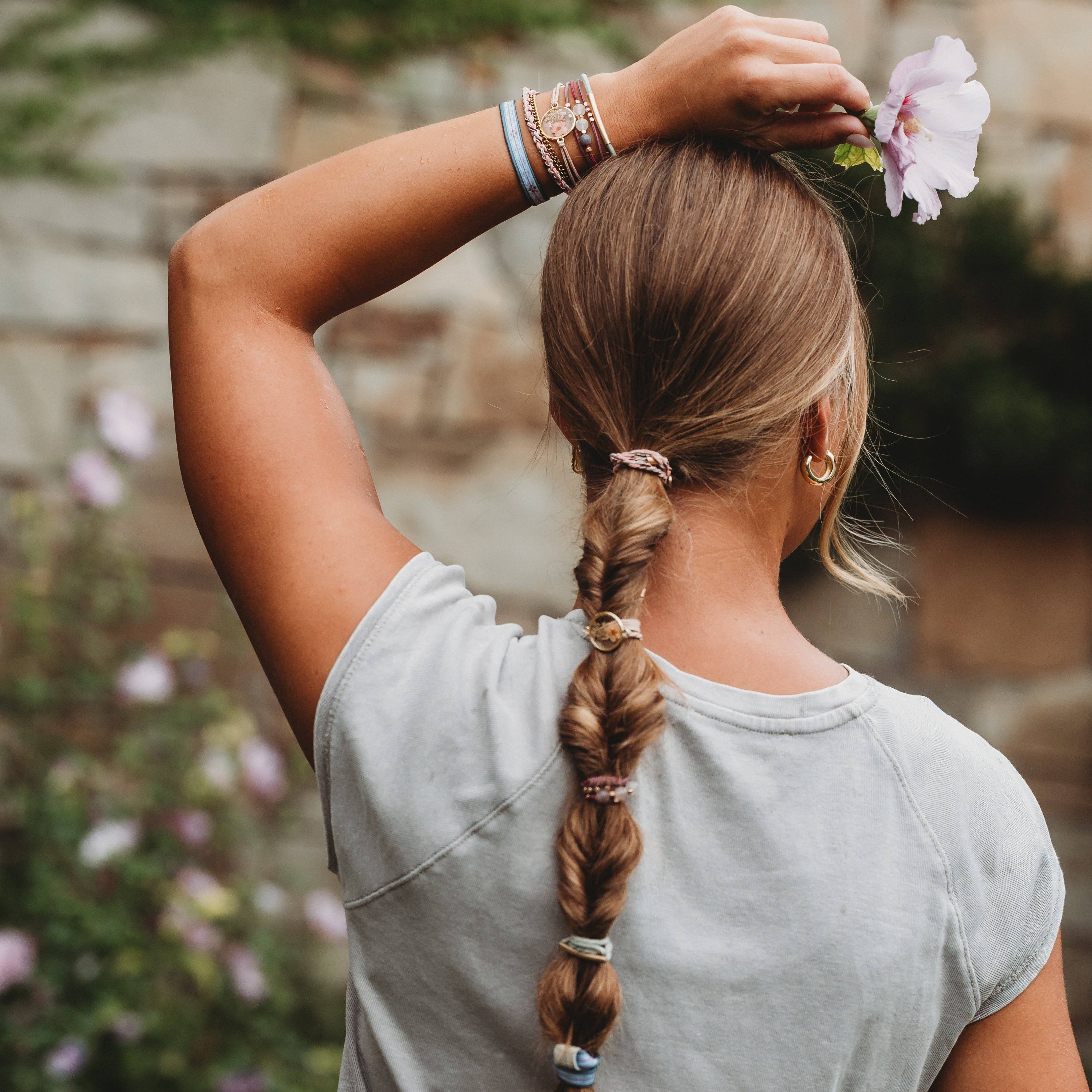 "Bloom" Maroon and Pink with Pressed Flowers Hair Tie Bracelets: Small