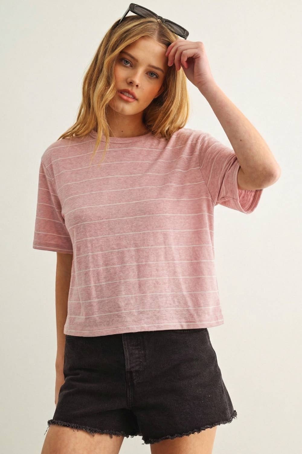 ET6395   STRIPE COTTON LINEN TOP: BEIGE/BLACK / S