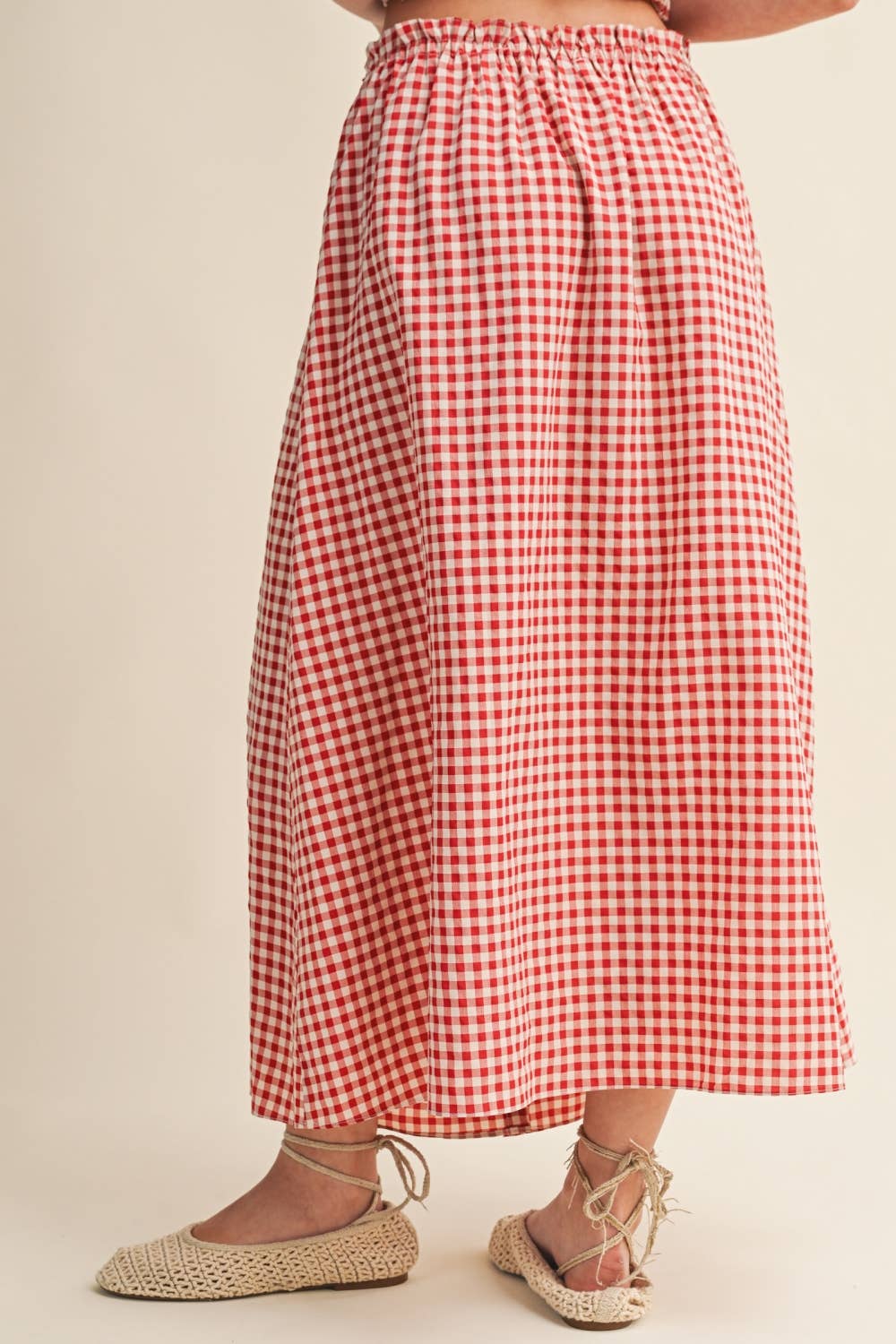 S5994ST   GINGHAM PATTERN BUTTON FRONT LONG SKIRT: RED / M