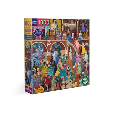 An image of a puzzle box set against a white background. The puzzle is a Masquerade ball in an opulent estate. its beautiful, lavish, and cozy looking! 