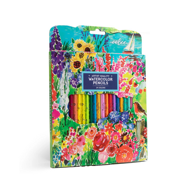 an image of eeboo's Artist Quality Set of 24 Watercolor Pencils in their packaging. The package is covered in watercolor drawings of wildflowers and is set against a white background. 