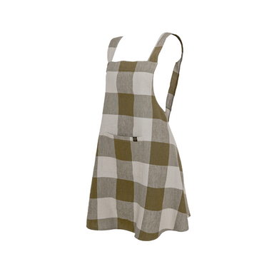 image of a gold, tan, and light brown buffalo check linen-cotton blend apron on a white background. 