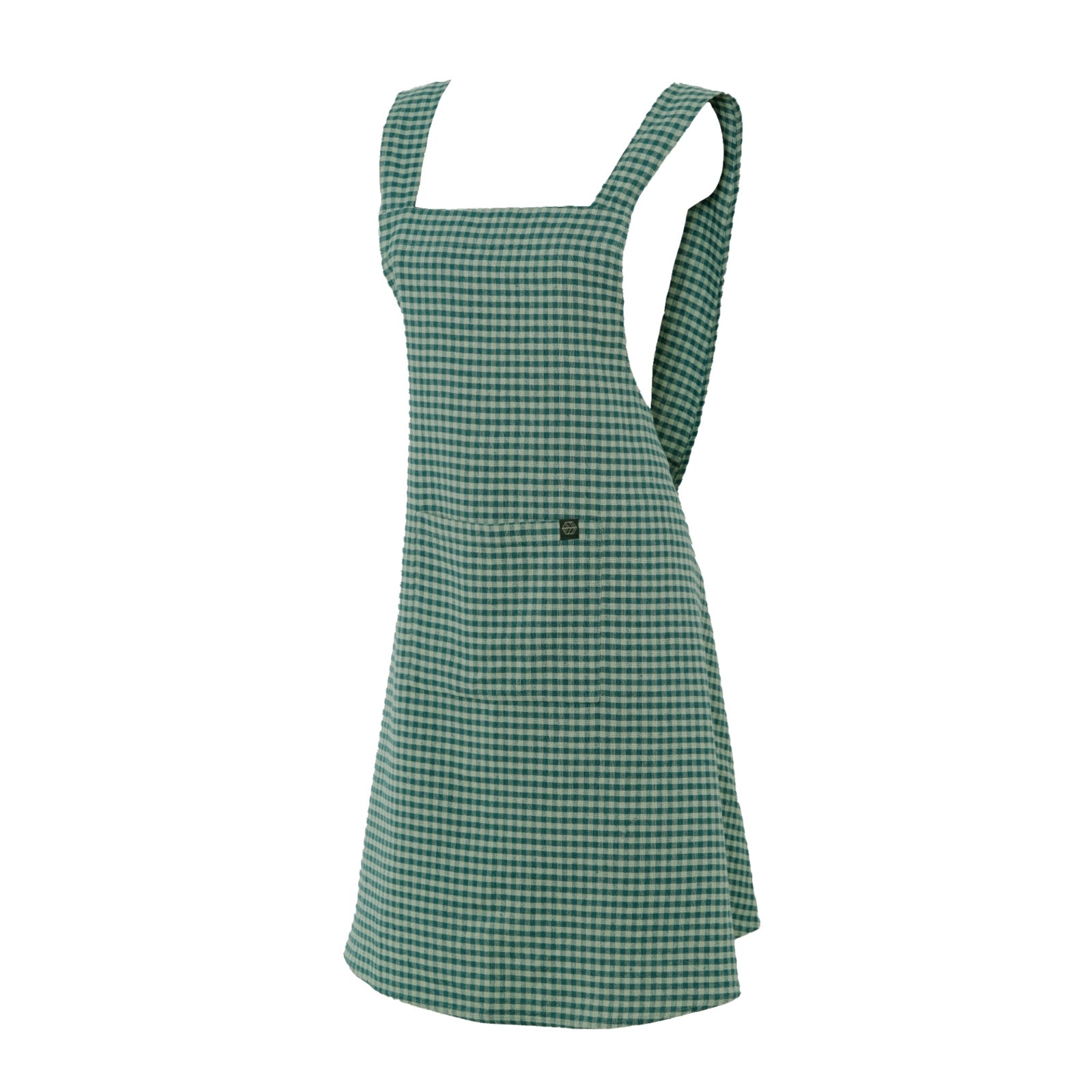 White background with the image of an apron in the center. The apron is a green and teal/blue gingham print and is made of cotton-linen blend. 