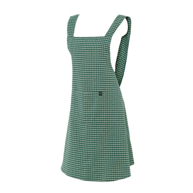 White background with the image of an apron in the center. The apron is a green and teal/blue gingham print and is made of cotton-linen blend. 