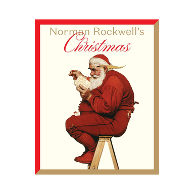 An image of the book 'Norman Rockwell's Christmas' set against a plain white background. the cover of the book is an image of Santa sitting on a wooden stool looking at a list titled "Extra good boys and girls" and he has a feather quill tucked behind his ear! 