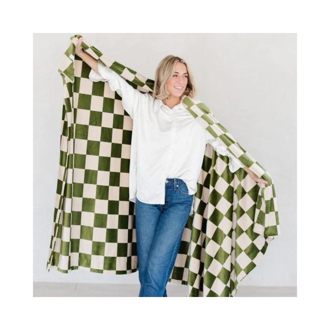 Olive Checkered Minky Stretch XL Throw Blanket