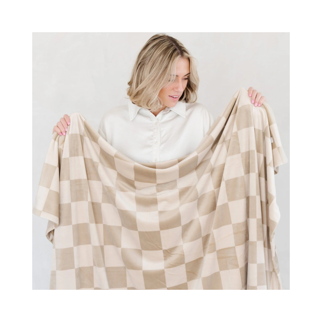 Neutral Checkered Minky Stretch XL Blanket