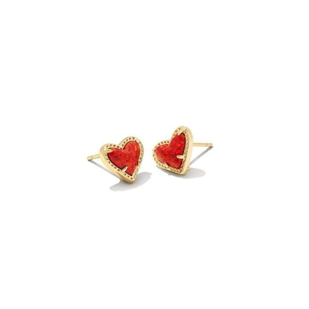 Gold Red Kyocera Opal Heart Ari Stud Earrings