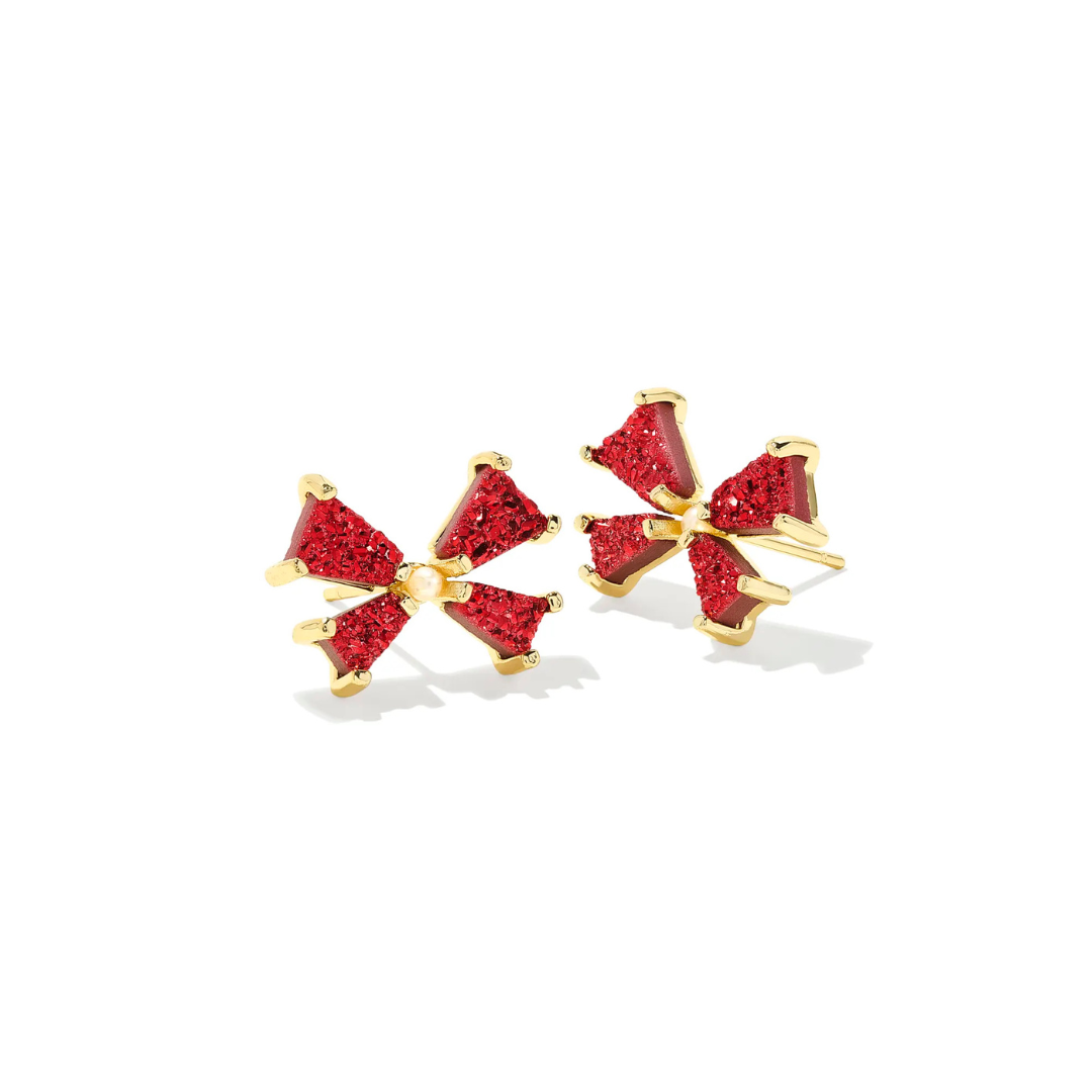 Blair Gold Bow Small Stud Earrings in Bright Red Drusy