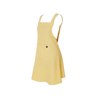 white background with a yellow gingham linen/cotton Apron. 