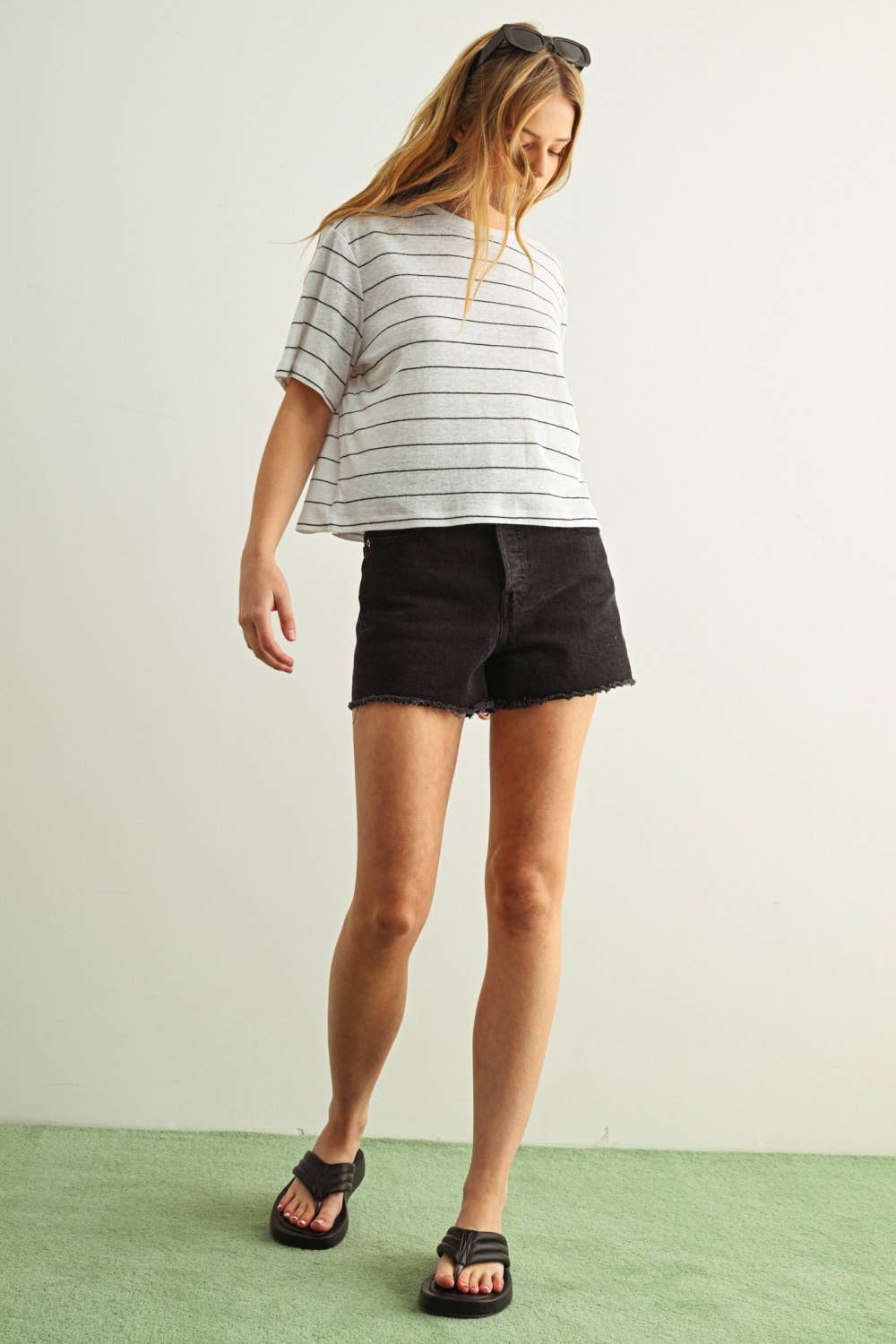 ET6395   STRIPE COTTON LINEN TOP: BEIGE/BLACK / S