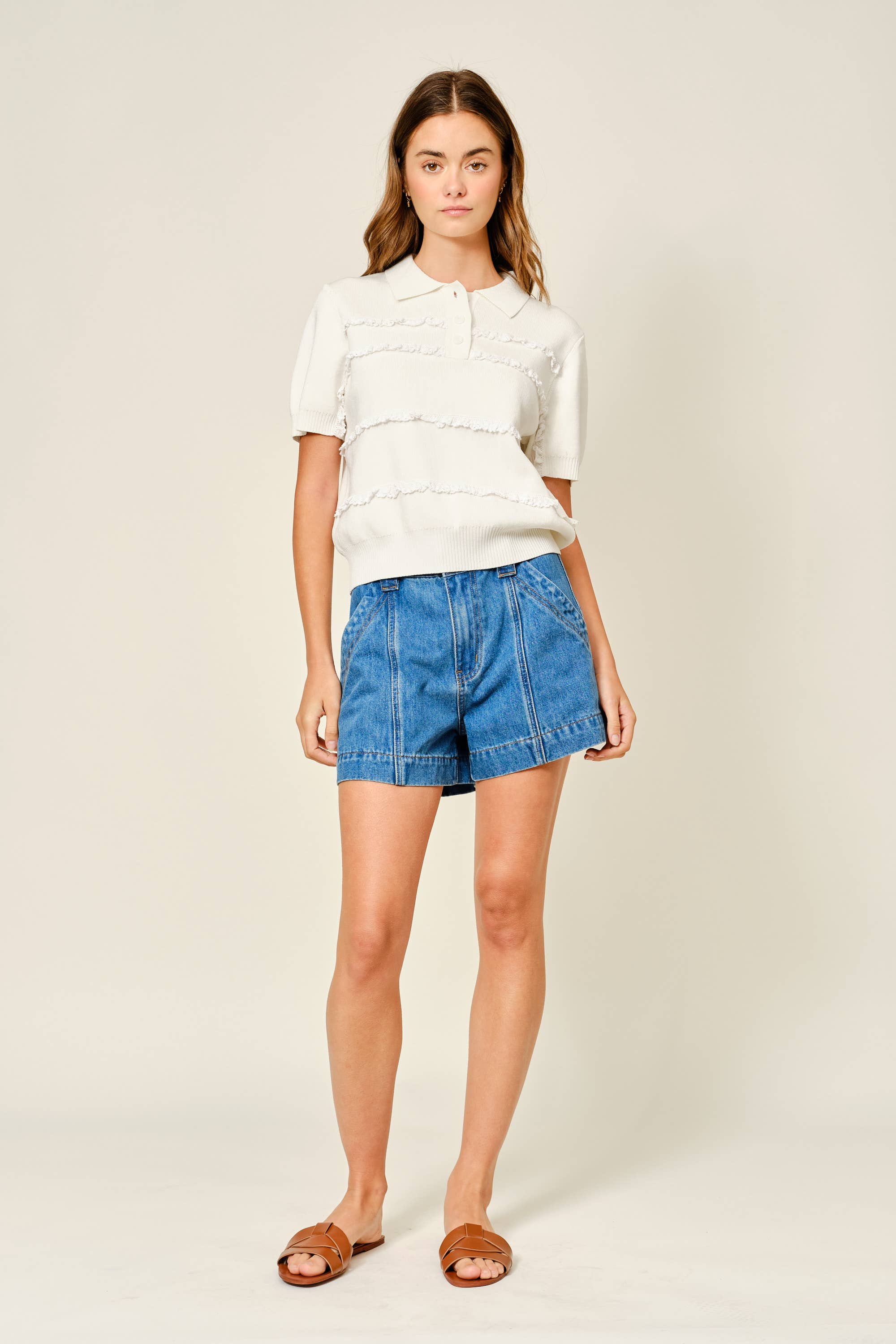 AJT5687 POLO LACE DETAIL SWEATER TOP: OFF WHITE / S