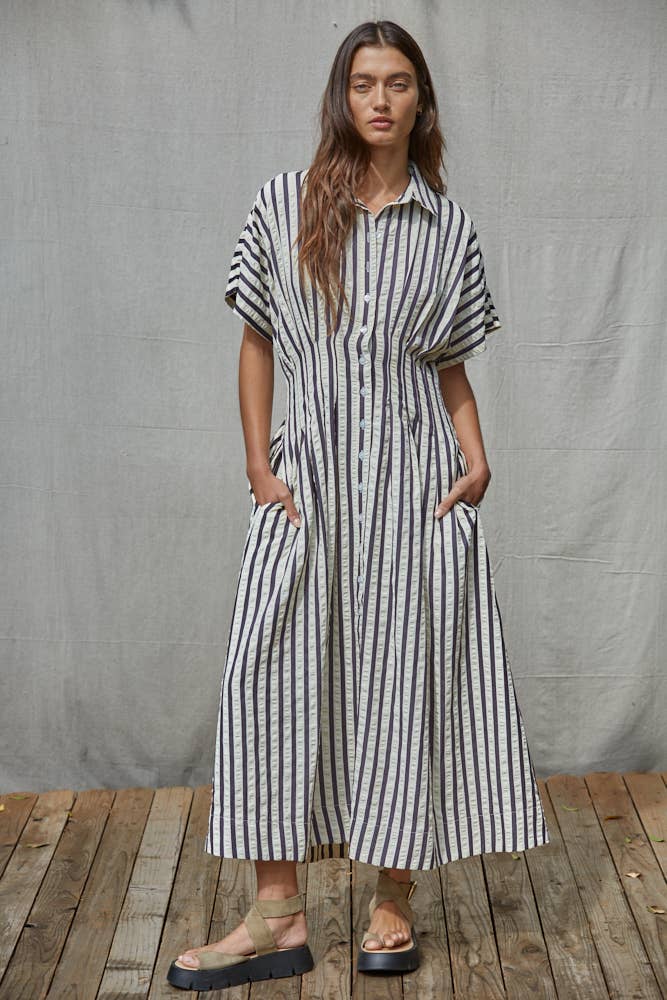 L10001 | Woven Cotton Polyester Striped Shirtdress: Navy Cream / S