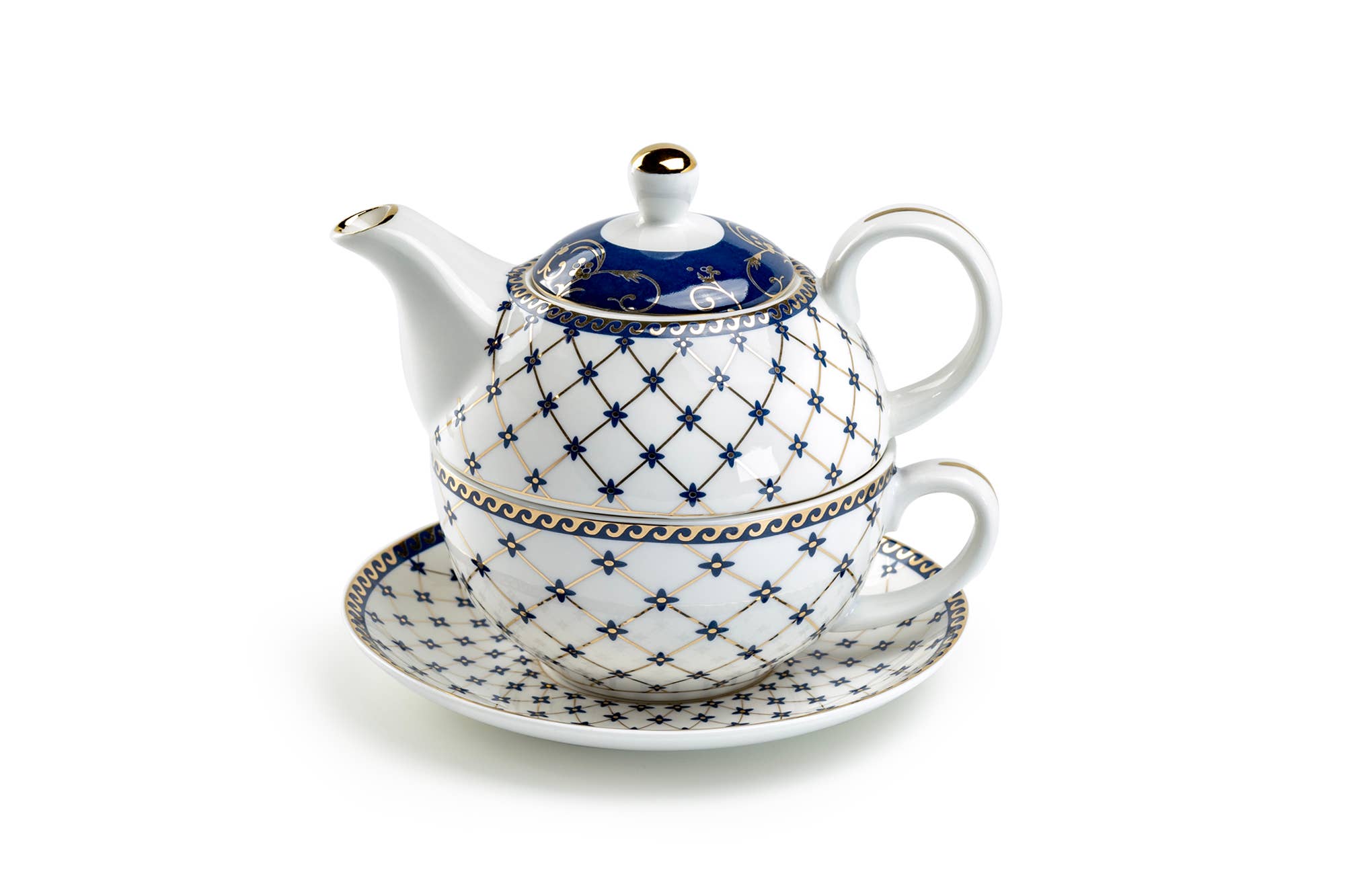 Trellis Blue Gold Fine Porcelain Tea For One Set