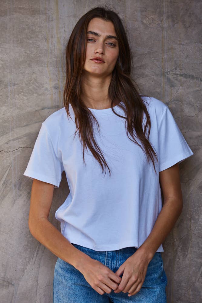 L8788 | Knit Cotton Crew Neck Short Sleeve T-shirt Top: White / S