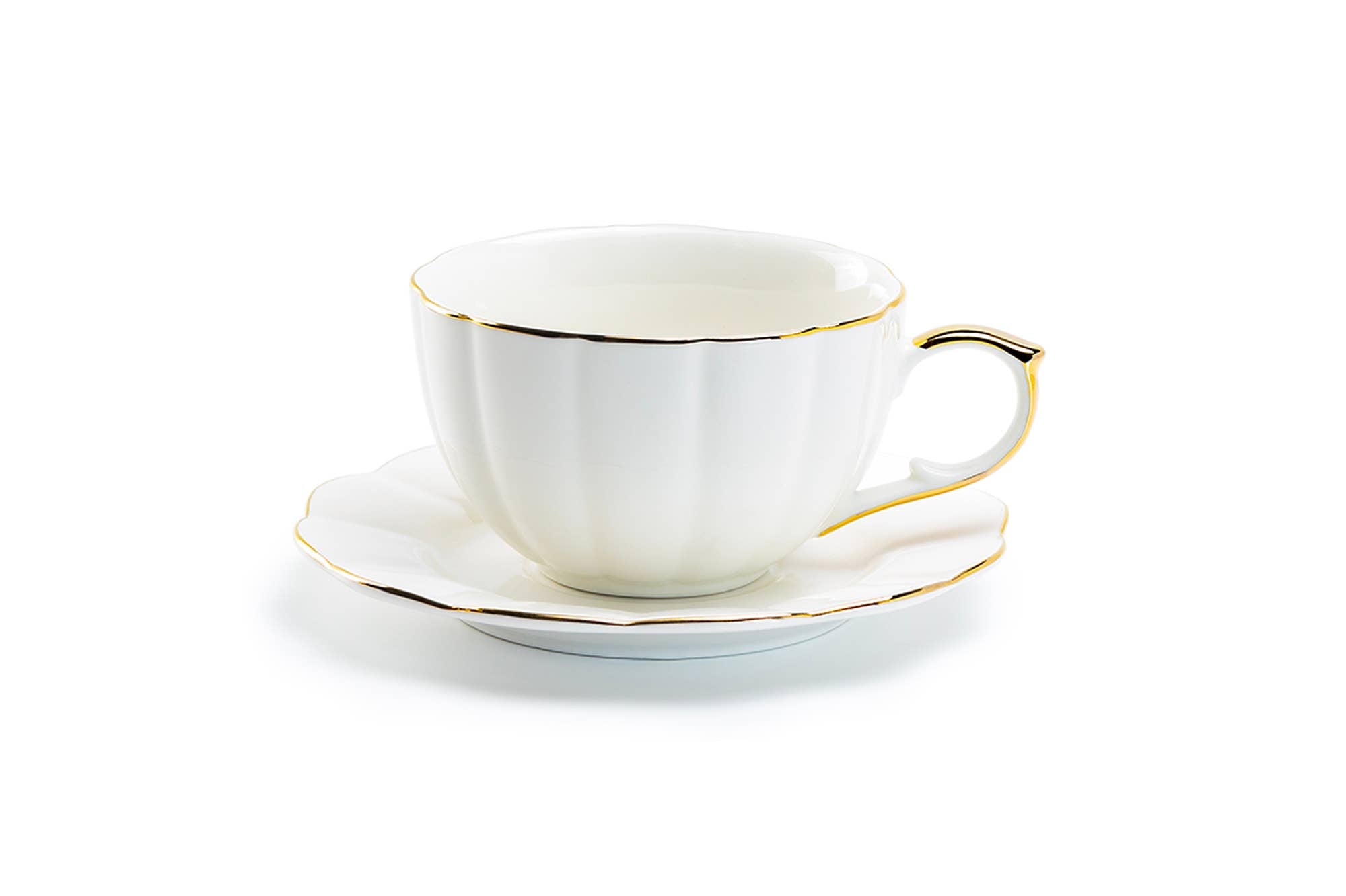 White Gold Scallop 7oz Fine Porcelain Tea Latte Cup & Saucer