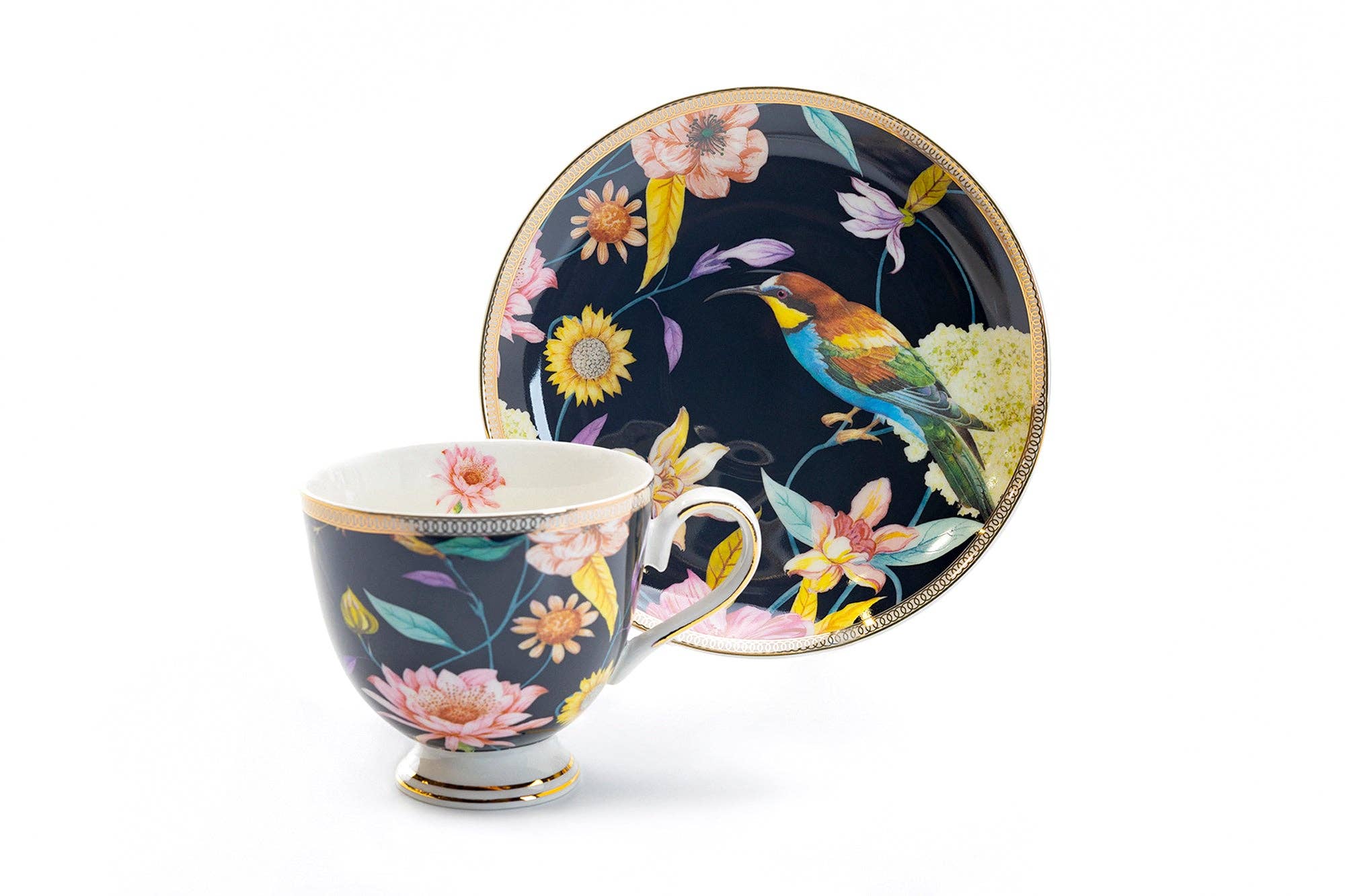 Spring Flowers Hummingbird Porcelain Cup & Saucer Set of 4