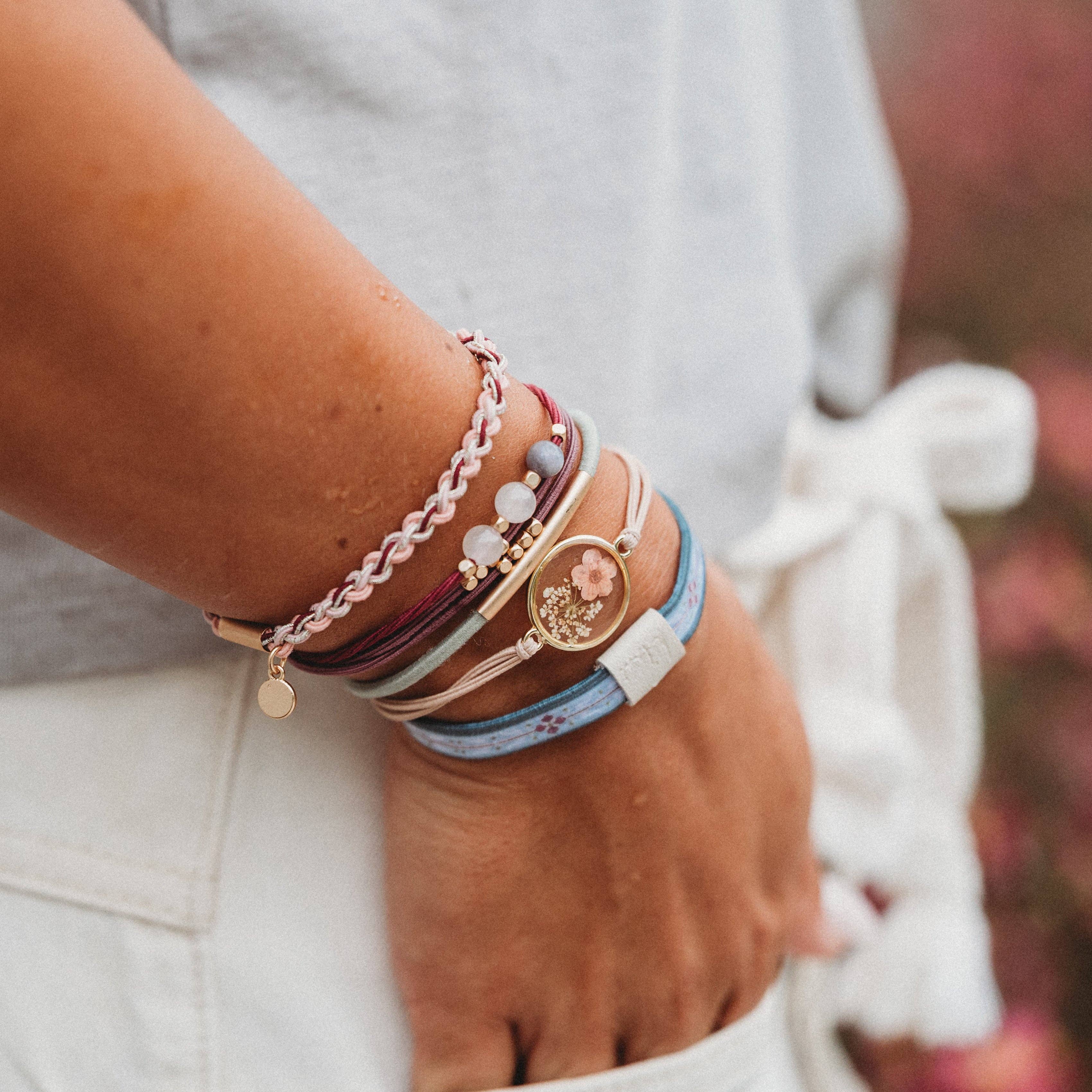 "Bloom" Maroon and Pink with Pressed Flowers Hair Tie Bracelets: Large