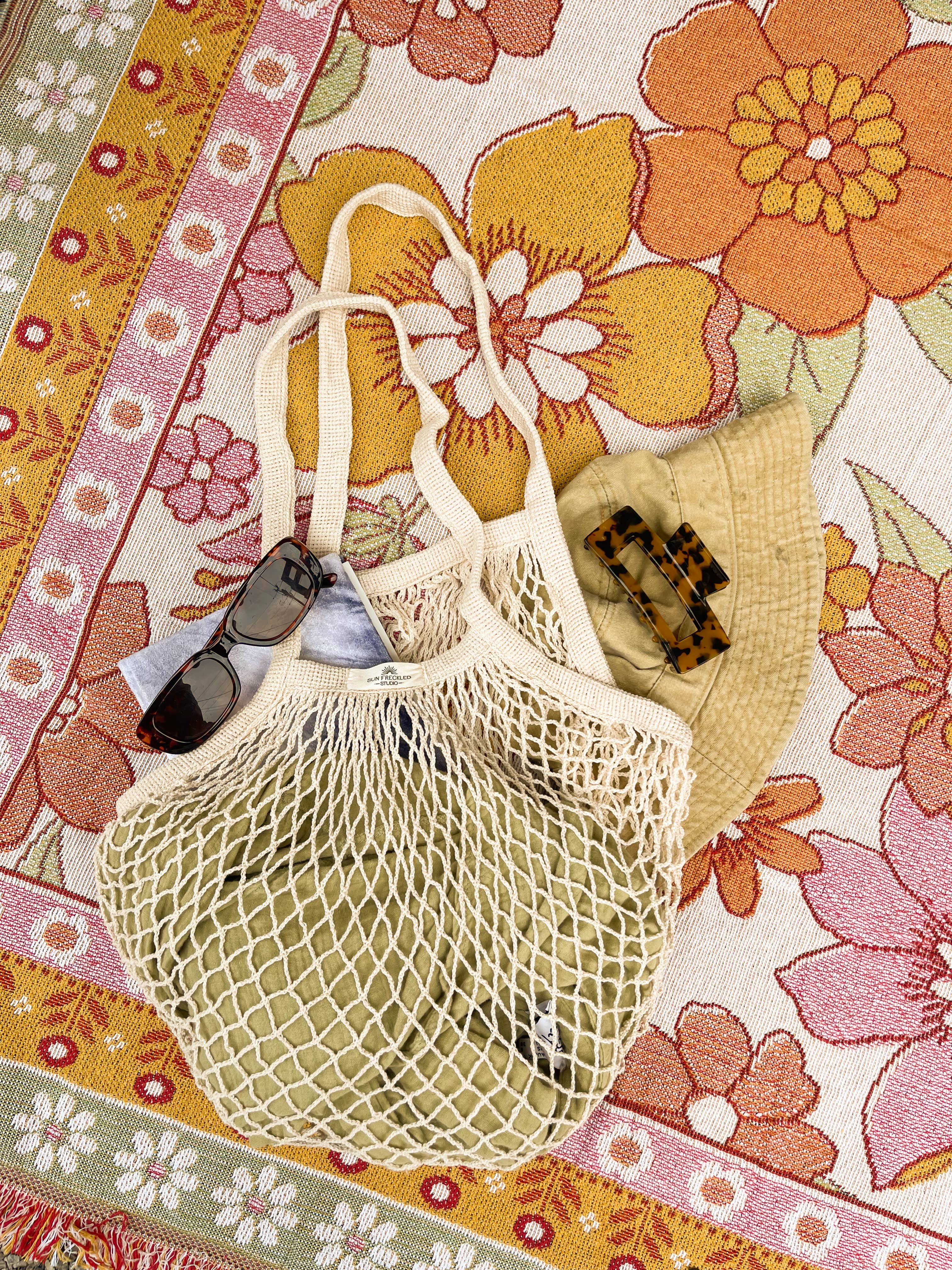 French Market Bag, Reusable Grocery Bag, Mesh Produce Bag: Beige