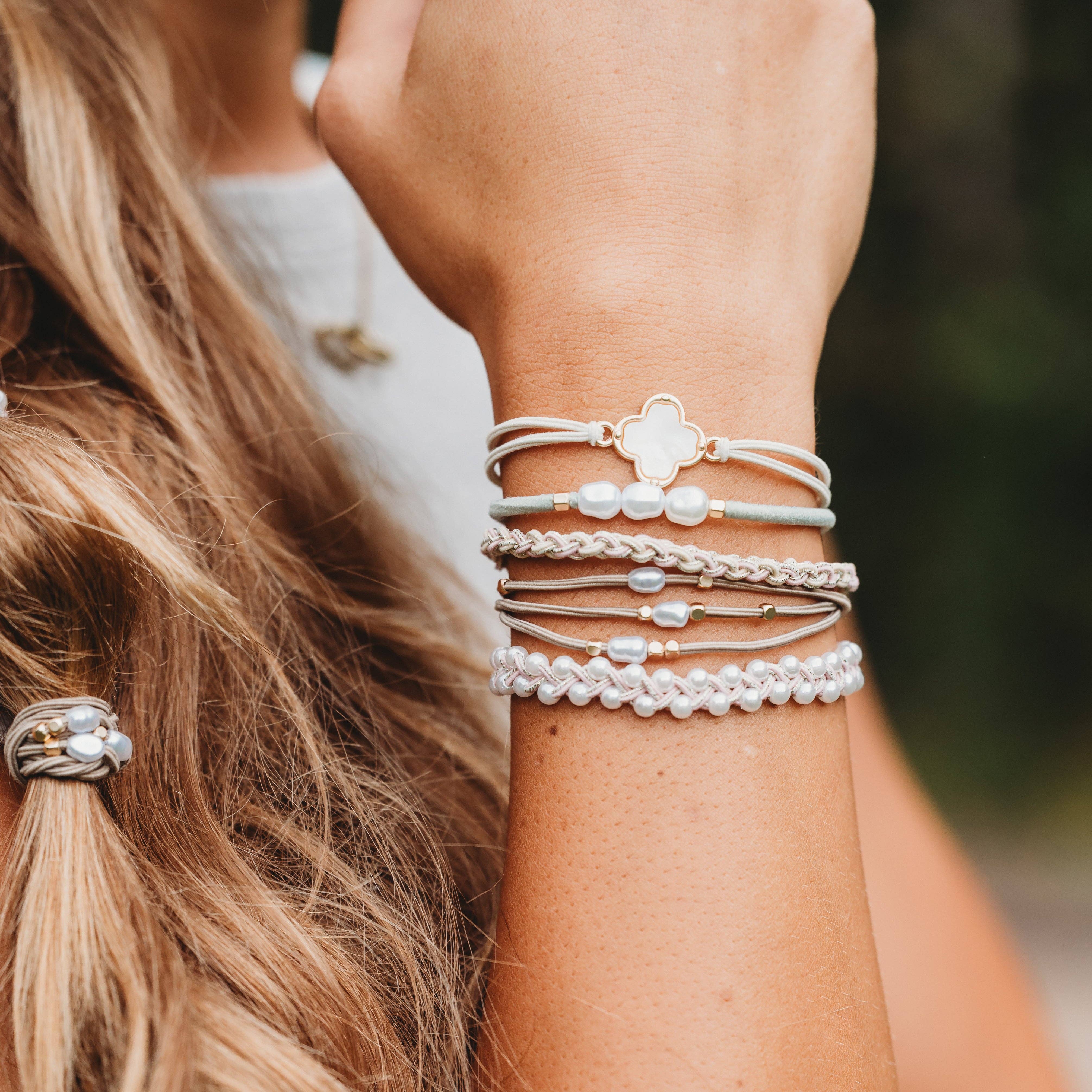 "Glimmer" Soft Pinks with Pearl and Gold Accent Hair Tie Bracelets: Small