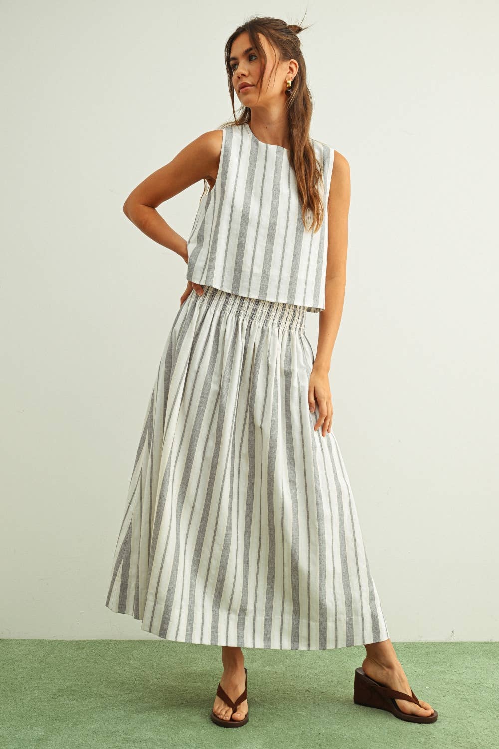 S6381ST   STRIPE PATTERN SMOCK WAIST LONG SKIRT: BLUE/OATMEAL / M
